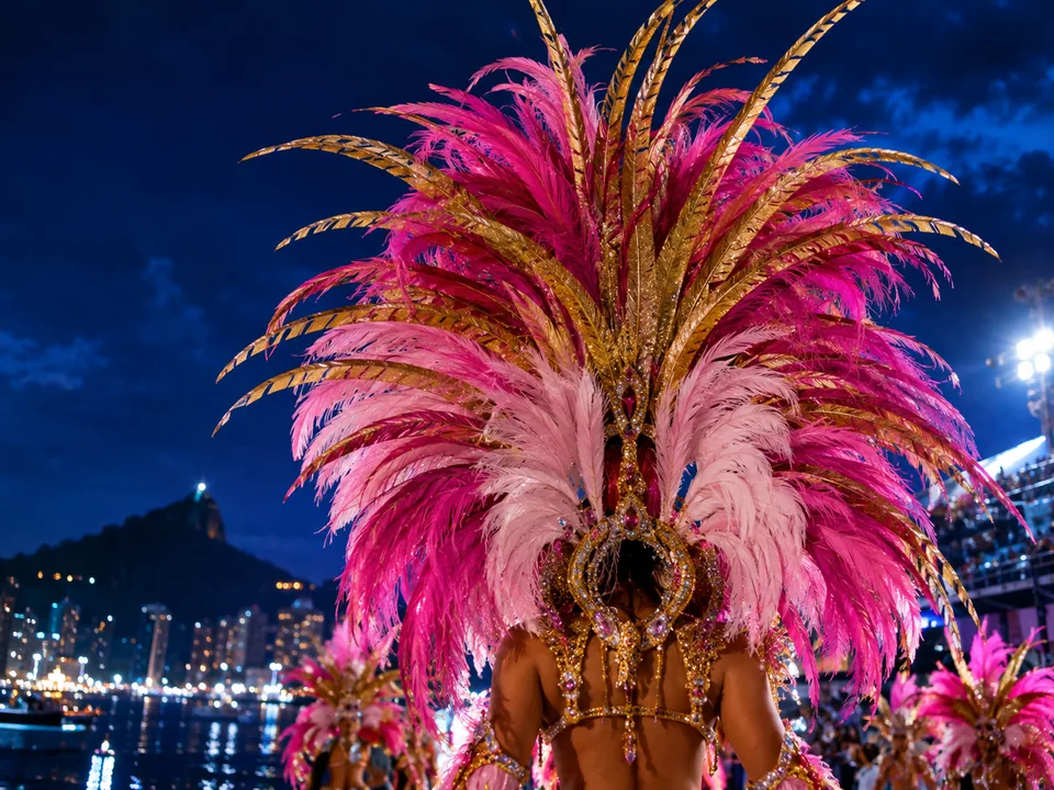A dancer's pink and gold feathered backpiece against the night sky